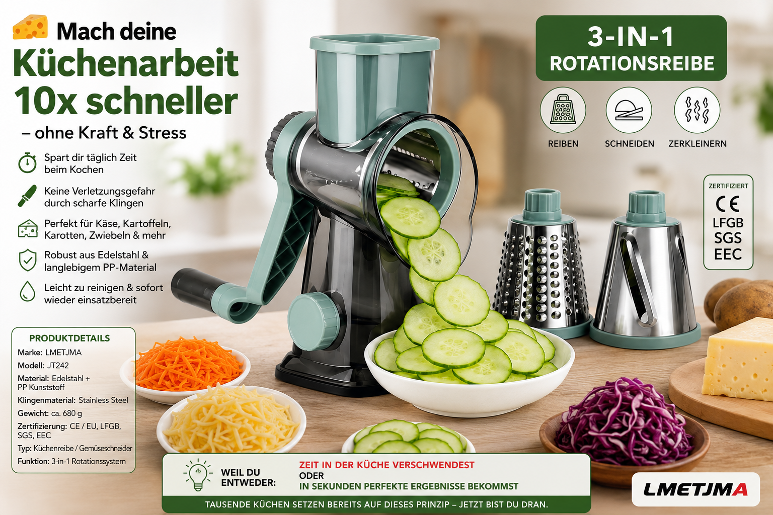 3-in-1 Drehreibe – Küchenreibe & Gemüseschneider