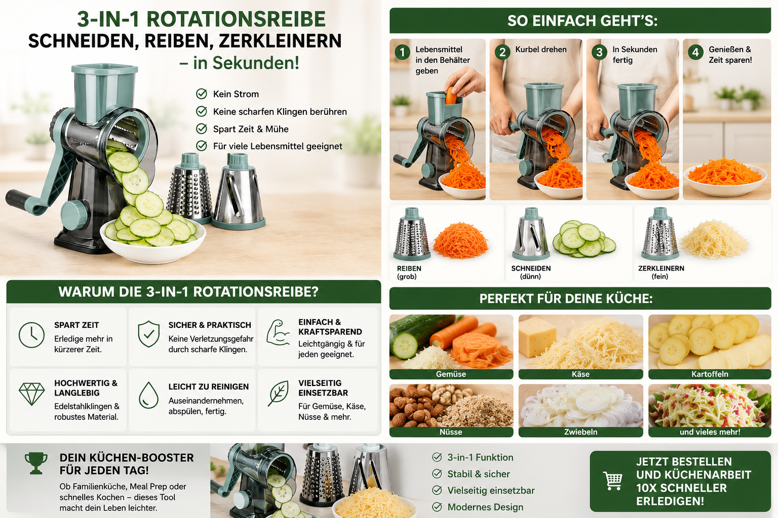 3-in-1 Drehreibe – Küchenreibe & Gemüseschneiderrr