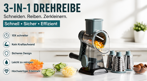 3-in-1 Drehreibe – Küchenreibe & Gemüseschneider
