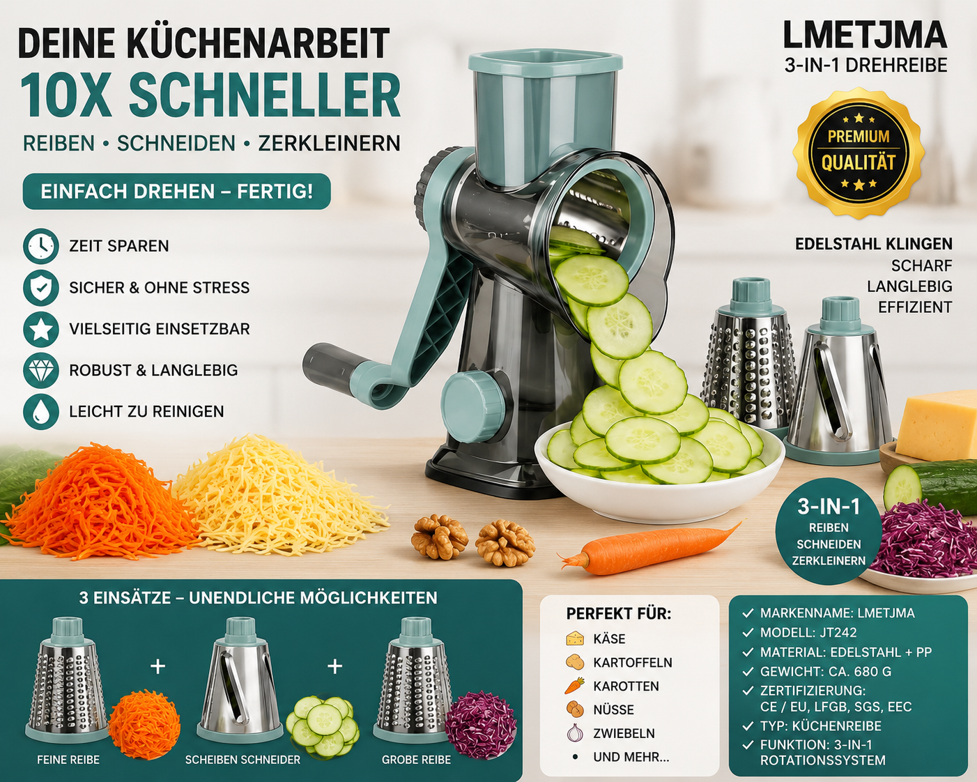 3-in-1 Drehreibe – Küchenreibe & Gemüseschneider