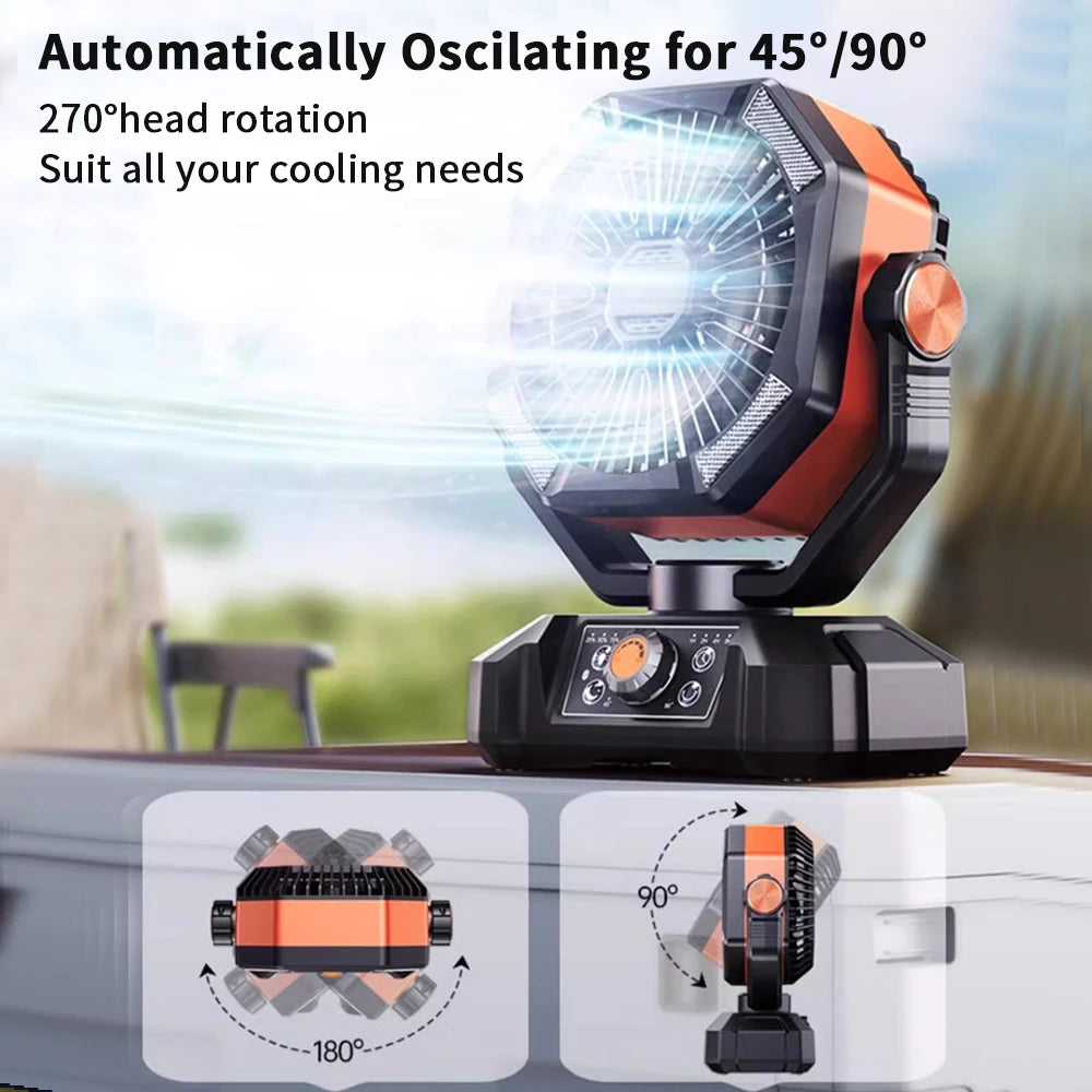 20000 mAh Akku Campingventilator mit 4 LED-Laterne, 8 Geschwindigkeiten, Schreibtischventilator, tragbarer Outdoor-Ventilator für Campingzelt und Angeln im Freien