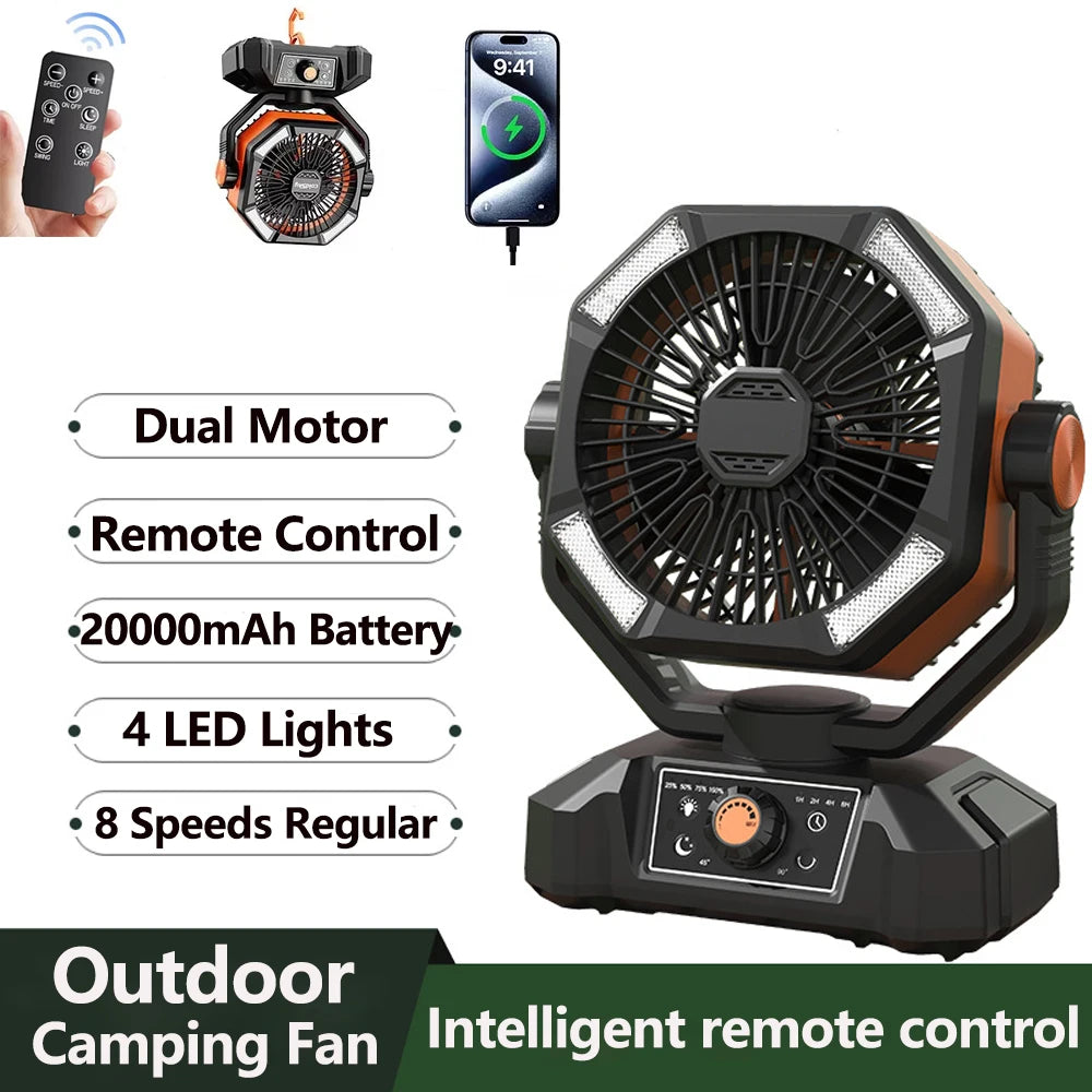 20000 mAh Akku Campingventilator mit 4 LED-Laterne, 8 Geschwindigkeiten, Schreibtischventilator, tragbarer Outdoor-Ventilator für Campingzelt und Angeln im Freien