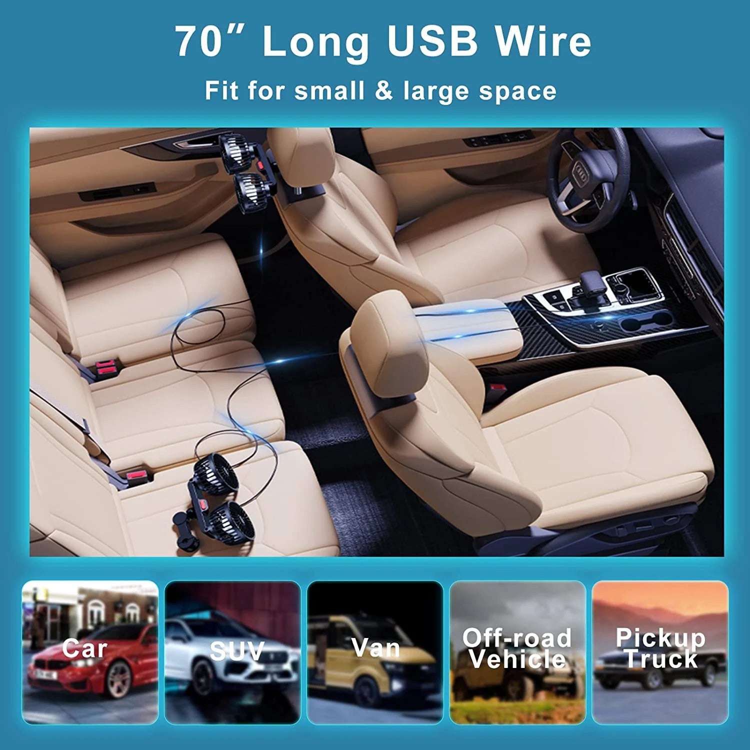 Autoventilator 360° °   3-geschwindigkeit Auto Sitz Zurück Lüfter USB Ladung Dual Kopf Fan Einstellbare Rotation Hals Kühler für Auto Hause zubehör