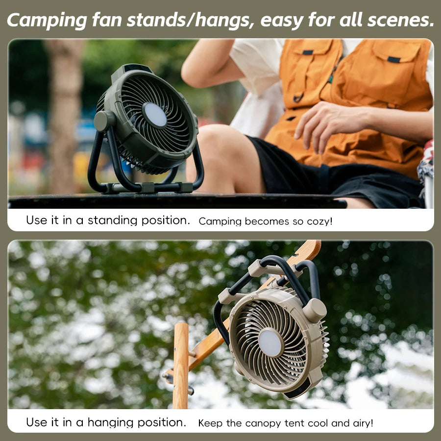 Tragbarer 6-in-1 Outdoor-Campingventilator 10000mAh Wiederaufladbarer Kabelloser Zelt-Deckenventilator 5-Stufen-Einstellung Fernbedienung LED-Licht