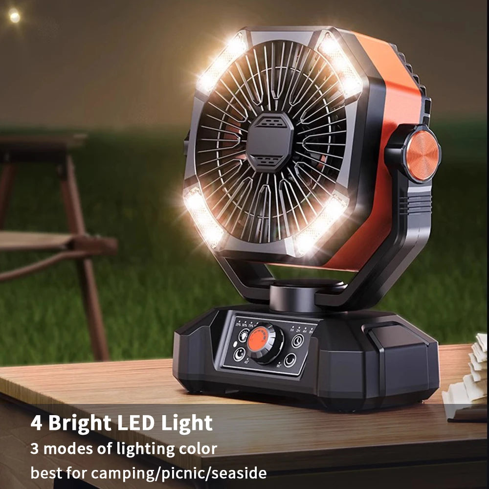 20000 mAh Akku Campingventilator mit 4 LED-Laterne, 8 Geschwindigkeiten, Schreibtischventilator, tragbarer Outdoor-Ventilator für Campingzelt und Angeln im Freien