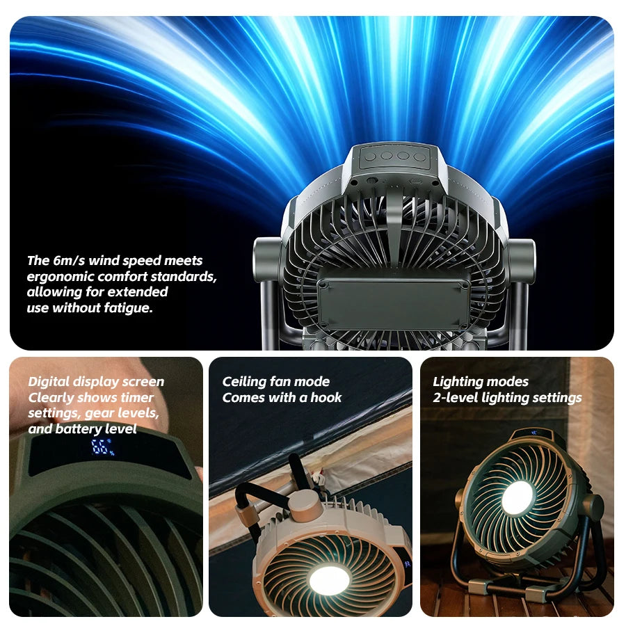 Tragbarer 6-in-1 Outdoor-Campingventilator 10000mAh Wiederaufladbarer Kabelloser Zelt-Deckenventilator 5-Stufen-Einstellung Fernbedienung LED-Licht
