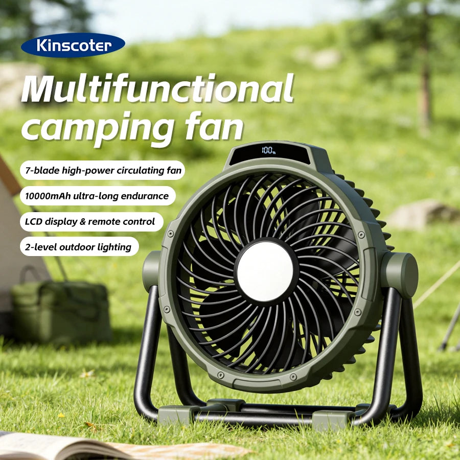 Tragbarer 6-in-1 Outdoor-Campingventilator 10000mAh Wiederaufladbarer Kabelloser Zelt-Deckenventilator 5-Stufen-Einstellung Fernbedienung LED-Licht