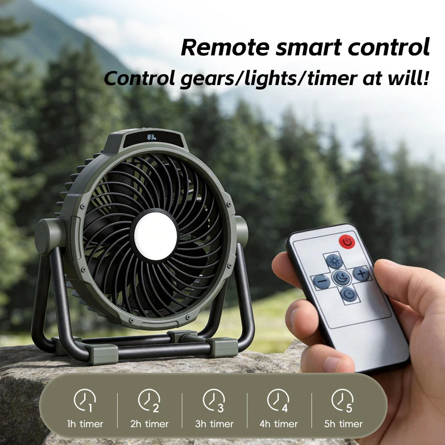 Tragbarer 6-in-1 Outdoor-Campingventilator 10000mAh Wiederaufladbarer Kabelloser Zelt-Deckenventilator 5-Stufen-Einstellung Fernbedienung LED-Licht
