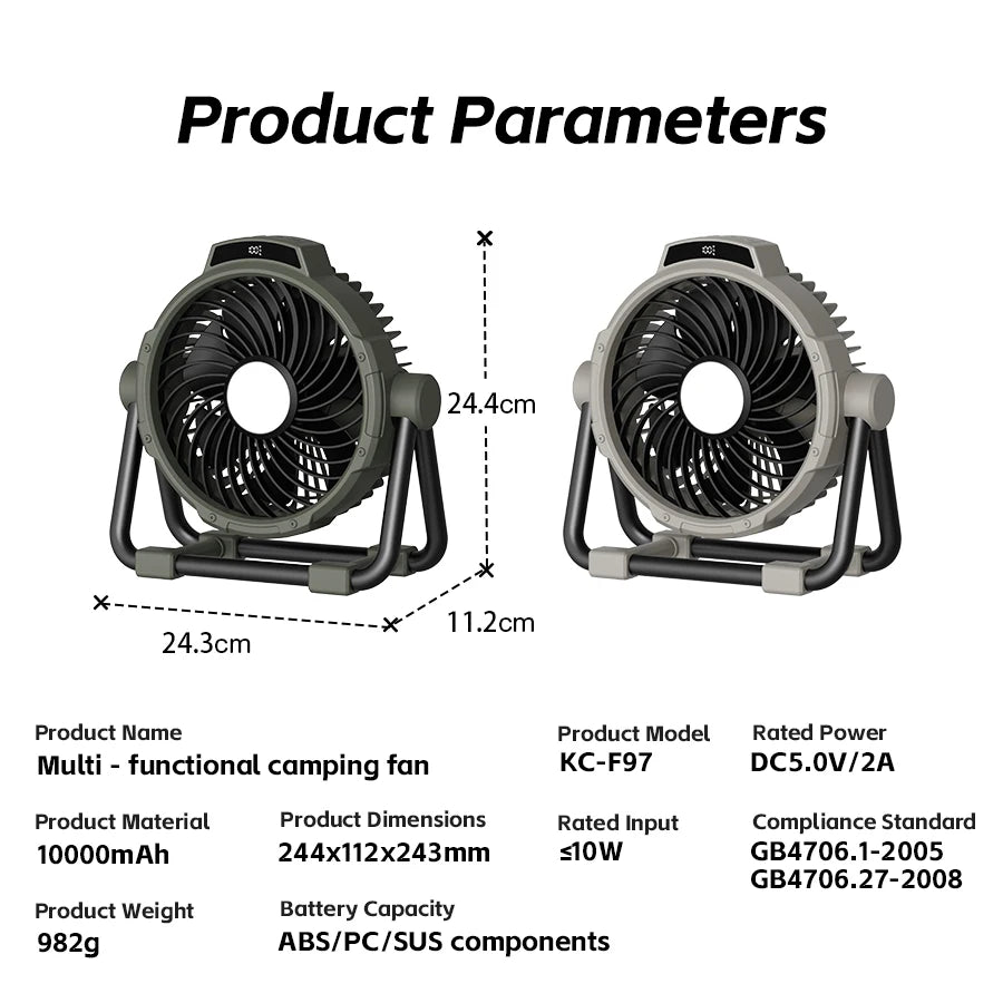 Tragbarer 6-in-1 Outdoor-Campingventilator 10000mAh Wiederaufladbarer Kabelloser Zelt-Deckenventilator 5-Stufen-Einstellung Fernbedienung LED-Licht
