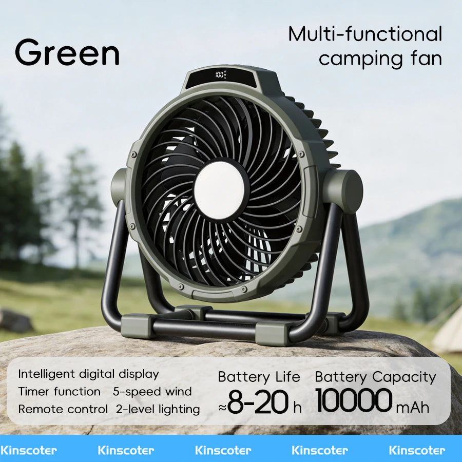 Tragbarer 6-in-1 Outdoor-Campingventilator 10000mAh Wiederaufladbarer Kabelloser Zelt-Deckenventilator 5-Stufen-Einstellung Fernbedienung LED-Licht