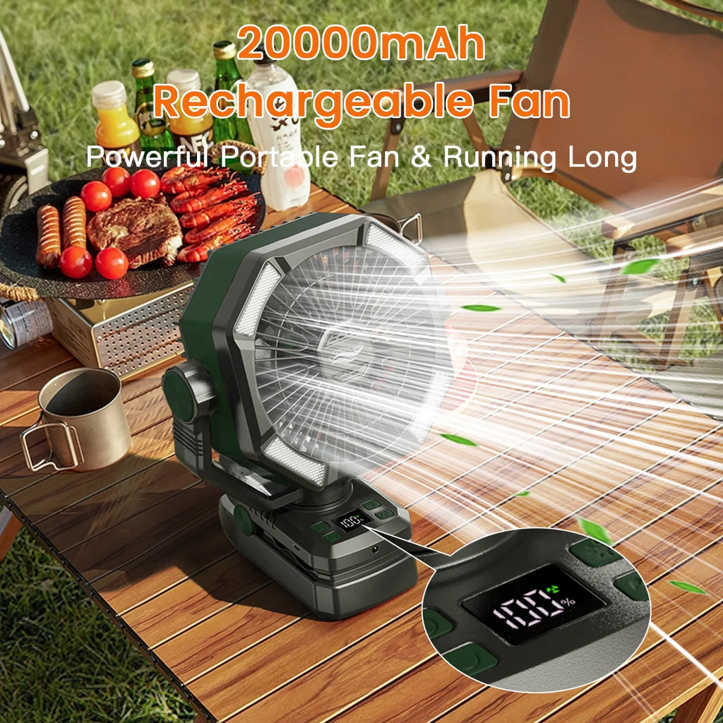 SKYTOO Camping-Ventilator mit Doppelmotor 20000mAh Wiederaufladbarer Clip-Ventilator mit Digitalanzeige und LED-Laterne für Camping und Outdoor