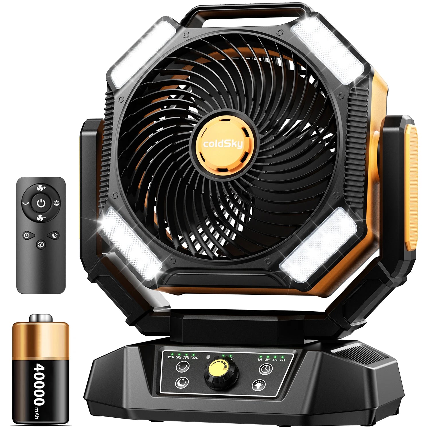 20000 mAh Akku Campingventilator mit 4 LED-Laterne, 8 Geschwindigkeiten, Schreibtischventilator, tragbarer Outdoor-Ventilator für Campingzelt und Angeln im Freien