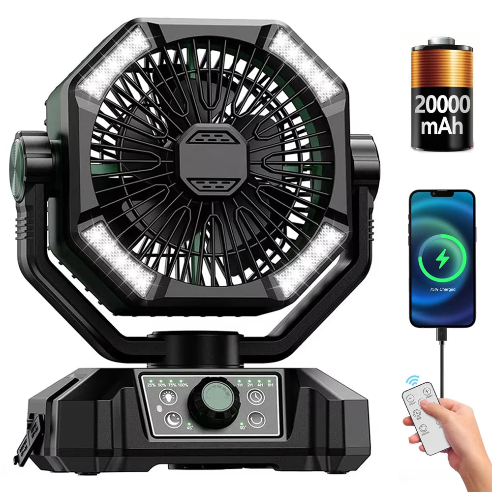 SKYTOO Camping-Ventilator mit Doppelmotor 20000mAh Wiederaufladbarer Clip-Ventilator mit Digitalanzeige und LED-Laterne für Camping und Outdoor