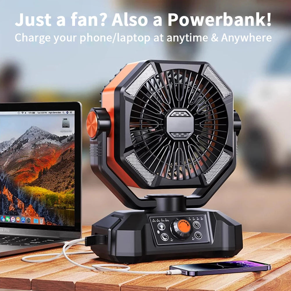 20000 mAh Akku Campingventilator mit 4 LED-Laterne, 8 Geschwindigkeiten, Schreibtischventilator, tragbarer Outdoor-Ventilator für Campingzelt und Angeln im Freien