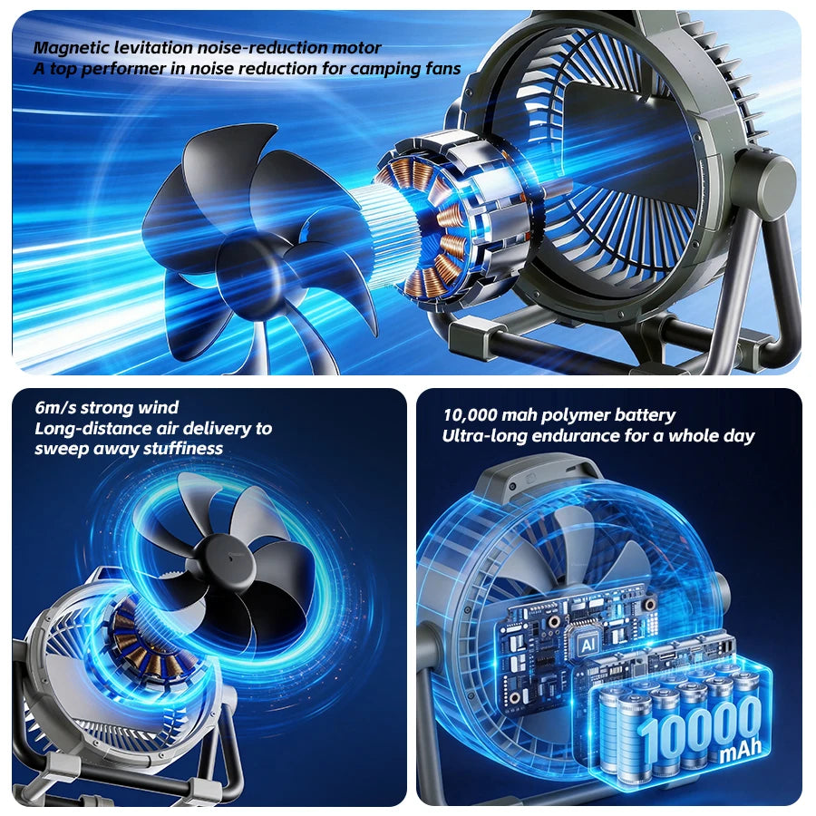 Tragbarer 6-in-1 Outdoor-Campingventilator 10000mAh Wiederaufladbarer Kabelloser Zelt-Deckenventilator 5-Stufen-Einstellung Fernbedienung LED-Licht